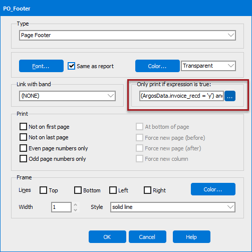 Edit dialog for the group footer band. The "only print if expression is true" box has a conditional expression in it.